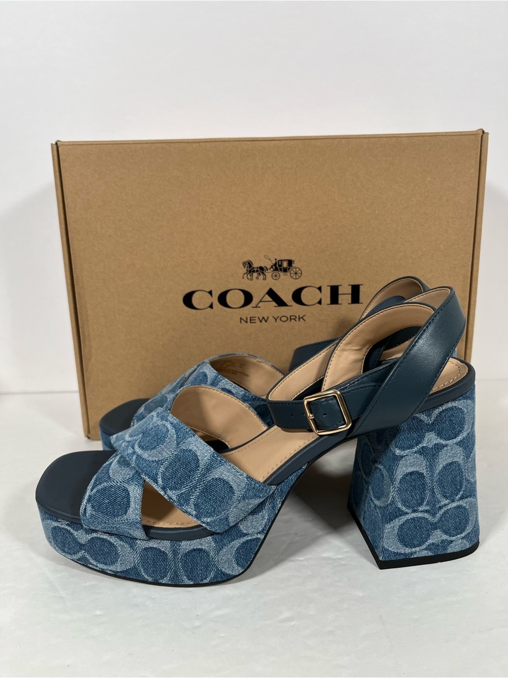 NIB COACH Women Block Heel Sandal In Signature Denim Indigo
